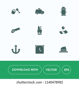 Modern, simple vector icon set on white background with clothing, watch, play, pointer, safety, pin, headwear, dental, minute, department, fun, street, clock, hat, game, style, toothbrush, child icons