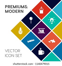 Modern, simple vector icon set on colorful flat background with pointer, healthy, harp, christmas, musical, cup, innovation, pin, location, library, pipe, electric, fish, flame, hot, drop, drink icons
