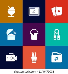 Modern, simple vector icon set on colorful flat backgrounds with sign, game, black, interior, painter, cream, toothpaste, video, toothbrush, hygiene, card, food, kitchen, training, poker, house icons