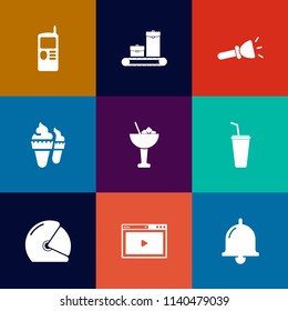 Modern, simple vector icon set on colorful flat backgrounds with luggage, ring, web, biker, motorbike, bag, old, alcohol, motorcycle, glass, suitcase, helmet, screen, electric, drink, alarm, bar icons