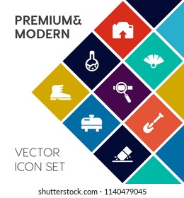Modern, simple vector icon set on colorful flat background with sensu, rubber, paper, laboratory, water, picture, eraser, boiler, laptop, leather, construction, science, footwear, japan, tool icons