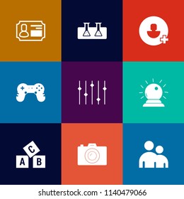 Modern, simple vector icon set on colorful flat backgrounds with experiment, card, education, add, laboratory, chemistry, sorcery, human, internet, camera, joystick, photography, identity, game icons