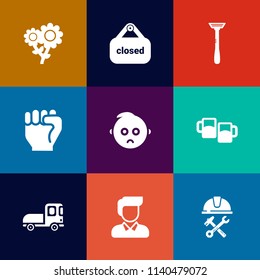Modern, simple vector icon set on colorful flat backgrounds with human, store, people, sign, foreman, helmet, flower, concept, finger, child, delivery, man, red, industry, sad, shop, truck, baby icons