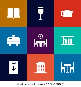 Modern, simple vector icon set on colorful flat backgrounds with food, caffeine, education, equipment, brown, wineglass, winery, cafe, knowledge, house, closeup, family, alcohol, bottle, boiler icons