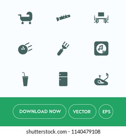 Modern, simple vector icon set on white background with business, pipe, game, notebook, white, household, pram, competition, bicycle, fork, top, bike, music, trumpet, child, fun, baby, carriage icons