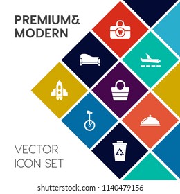 Modern, simple vector icon set on colorful flat background with paste, technology, travel, rocket, luggage, recycling, bag, sofa, restaurant, clean, airport, craft, comfort, brush, object, waste icons