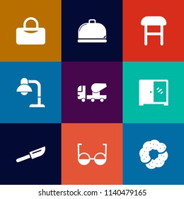 Modern, simple vector icon set on colorful flat backgrounds with sport, light, dinner, food, furniture, comfortable, knife, dessert, dish, concrete, decoration, construction, cabinet, table, bag icons