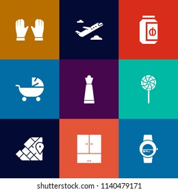 Modern, simple vector icon set on colorful flat backgrounds with king, work, smart, game, departure, protection, candy, hand, time, lollipop, transport, airport, glass, geography, food, plane icons