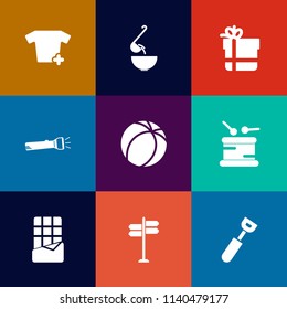 Modern, simple vector icon set on colorful flat backgrounds with music, bow, vegetable, street, soup, football, cooking, lamp, meal, instrument, light, fashion, sound, birthday, pour, dinner icons