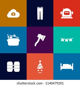 Modern, simple vector icon set on colorful flat backgrounds with double, party, birthday, computer, pants, photo, equipment, cylinder, men, happy, furniture, web, celebration, cosmos, fun, tank icons