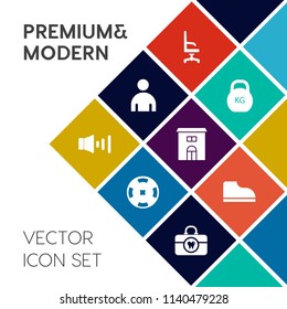 Modern, simple vector icon set on colorful flat background with casino, brush, male, clean, footwear, furniture, people, weight, modern, care, volume, hygiene, young, house, estate, heavy, boy icons