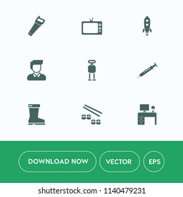Modern, simple vector icon set on white background with cyborg, spaceship, man, seafood, young, equipment, office, technology, screen, futuristic, video, style, fashion, science, fish, work, tv icons