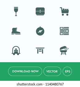 Modern, simple vector icon set on white background with grill, shop, leather, glass, office, meat, japanese, beverage, travel, footwear, bellboy, compass, cabinet, luggage, cooking, restaurant icons