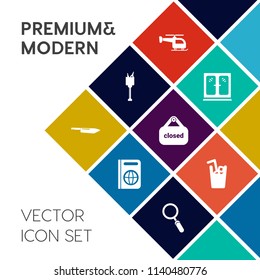 Modern, simple vector icon set on colorful flat background with glass, flight, banner, celebration, party, business, room, sign, transportation, journey, immigration, transport, bottle, cold icons