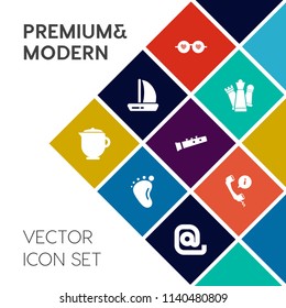 Modern, simple vector icon set on colorful flat background with strategy, summer, travel, hippie, vintage, ship, center, sound, communication, baby, child, teapot, musical, glasses, message, sea icons