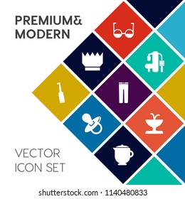 Modern, simple vector icon set on colorful flat background with luxury, eyeglasses, exercise, kingdom, eye, water, king, childhood, lens, kid, pacifier, brush, trousers, healthy, hot, baby, tea icons