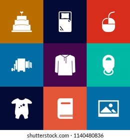 Modern, simple vector icon set on colorful flat backgrounds with clothing, optical, technology, pasta, picture, device, travel, sign, location, clothes, old, sweet, background, jacket, library icons