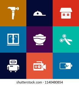Modern, simple vector icon set on colorful flat backgrounds with tool, building, architecture, cut, coffee, real, saw, energy, handle, home, cap, electricity, robot, food, house, film, interior icons