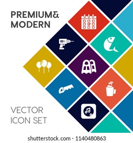 Modern, simple vector icon set on colorful flat background with seafood, celebration, tool, sound, hand, day, timetable, fish, fresh, happy, power, construction, electric, business, white, food icons