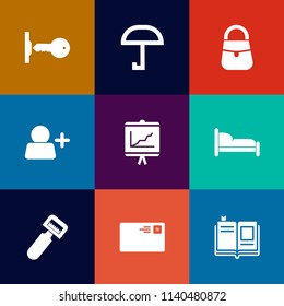 Modern, simple vector icon set on colorful flat backgrounds with kitchen, communication, rain, peeler, accessory, furniture, send, mail, bag, report, meteorology, literature, safe, house, annual icons