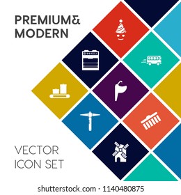 Modern, simple vector icon set on colorful flat background with collection, brush, stove, food, bag, power, stroke, bus, urban, celebration, energy, mill, electric, transport, city, bathroom icons