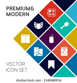 Modern, simple vector icon set on colorful flat background with stove, tool, hygiene, musical, interior, music, shovel, city, building, kitchen, baby, doorway, concept, open, hammer, white, sign icons