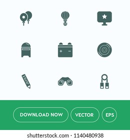 Modern, simple vector icon set on white background with battery, training, bright, delivery, celebration, balloon, post, skydiving, pencil, box, presentation, jump, birthday, open, full, person icons