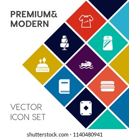 Modern, simple vector icon set on colorful flat background with small, poker, play, cupcake, ingredient, ocean, bakery, vessel, food, burger, cooking, baby, book, education, textbook, hamburger icons