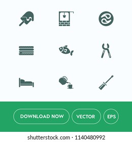 Modern, simple vector icon set on white background with seafood, bedroom, tea, snack, water, work, bed, japan, sweet, rural, kamon, cheeseburger, village, antique, mon, ice, dessert, burger, cup icons