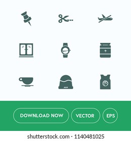 Modern, simple vector icon set on white background with flight, sport, cup, cappuccino, cap, drink, watch, coffee, airplane, smart, fitness, headwear, black, navigation, marker, plane, modern icons
