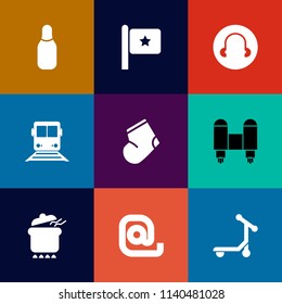 Modern, simple vector icon set on colorful flat backgrounds with transportation, red, train, sport, message, speed, usa, meal, white, black, space, leisure, craft, flag, pot, bowling, banner icons