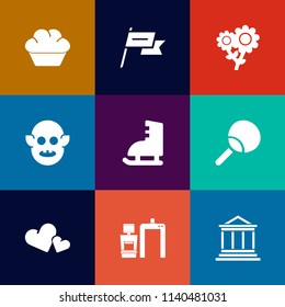 Modern, simple vector icon set on colorful flat backgrounds with space, alien, leisure, sport, food, romance, doughnut, waving, bank, finance, valentine, fiction, sweet, scan, ice, chocolate icons