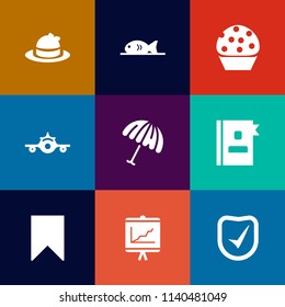 Modern, simple vector icon set on colorful flat backgrounds with meat, restaurant, object, muffin, protection, weather, clothing, coffee, fish, cap, food, style, business, dessert, sign, report icons