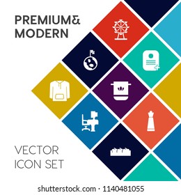 Modern, simple vector icon set on colorful flat background with astronomy, clothing, wheel, nature, london, bathroom, healthy, globe, fruit, fun, space, desk, blue, cotton, travel, carousel, box icons