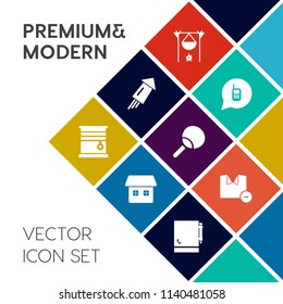 Modern, simple vector icon set on colorful flat background with warm, fireplace, telephone, notepad, sport, celebration, evening, support, fire, house, window, communication, camp, curtain, new icons