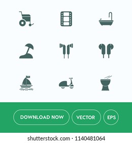 Modern, simple vector icon set on white background with beach, ride, wheelchair, audio, activity, sound, disabled, musical, cyclist, instrument, cycle, surfing, sea, percussion, movie, sign icons