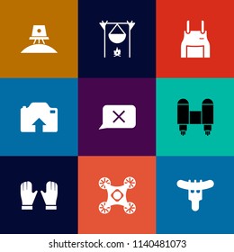 Modern, simple vector icon set on colorful flat backgrounds with pinafore, kitchen, flame, closed, hot, hotdog, shuttle, planet, chef, protective, cooking, astronomy, universe, fireplace, fire icons