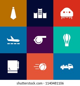 Modern, simple vector icon set on colorful flat backgrounds with equipment, football, balloon, bed, air, truck, creature, ball, notebook, tie, sport, service, business, game, character, vacation icons