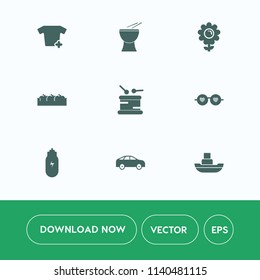 Modern, simple vector icon set on white background with flower, organic, fruit, direction, spring, music, hippie, apple, crate, percussion, clothing, blossom, vessel, sea, concept, food, musical icons