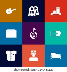 Modern, simple vector icon set on colorful flat backgrounds with sound, underwater, baggage, information, room, instrument, planet, file, energy, home, travel, power, sofa, fashion, string, full icons