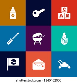 Modern, simple vector icon set on colorful flat backgrounds with repair, asia, lawn, baby, fresh, sign, grill, plastic, work, garden, fun, meat, game, safe, toy, milk, food, japanese, kid, grass icons