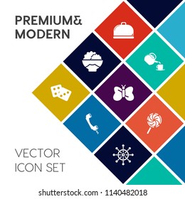 Modern, simple vector icon set on colorful flat background with sweet, rudder, food, rice, chance, gambling, organic, raw, butterfly, nautical, call, restaurant, beauty, sign, candy, wheel, dish icons