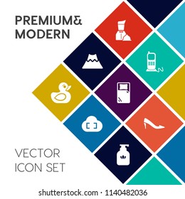 Modern, simple vector icon set on colorful flat background with clean, business, active, liquid, lava, cloud, hygiene, plate, technology, volcanic, phone, fashion, waiter, female, office, rubber icons