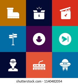 Modern, simple vector icon set on colorful flat backgrounds with direction, avatar, business, container, dental, leather, space, keyboard, fashion, spacecraft, dentist, brown, duck, clothing icons