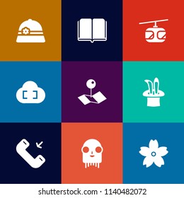 Modern, simple vector icon set on colorful flat backgrounds with cable, ufo, literature, internet, rail, flower, magic, cap, object, transport, railway, sky, cherry, alien, spring, hat, paper icons