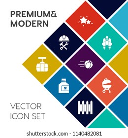 Modern, simple vector icon set on colorful flat background with ball, science, protection, hygiene, star, industry, dark, astronomy, barbecue, care, train, car, cable, night, rocket, helmet, sky icons