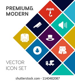 Modern, simple vector icon set on colorful flat background with clothes, jacket, table, knife, silverware, social, wear, fishing, cement, sign, clothing, white, volume, avatar, spoon, user, head icons