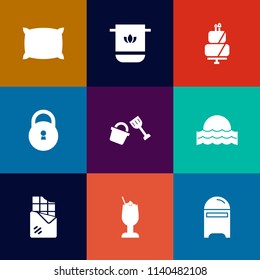 Modern, simple vector icon set on colorful flat backgrounds with pillow, light, sign, white, food, feather, bathroom, soft, sleep, pie, cloth, chocolate, home, fabric, alcohol, letter, mailbox icons