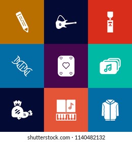 Modern, simple vector icon set on colorful flat backgrounds with rock, pen, liquid, medicine, food, gallon, drawing, poker, medical, dna, jacket, water, lollipop, biology, object, music, plastic icons