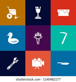 Modern, simple vector icon set on colorful flat backgrounds with disability, tool, animal, liquid, delicious, victory, champion, accessibility, food, sweet, bird, award, first, knife, pastry icons